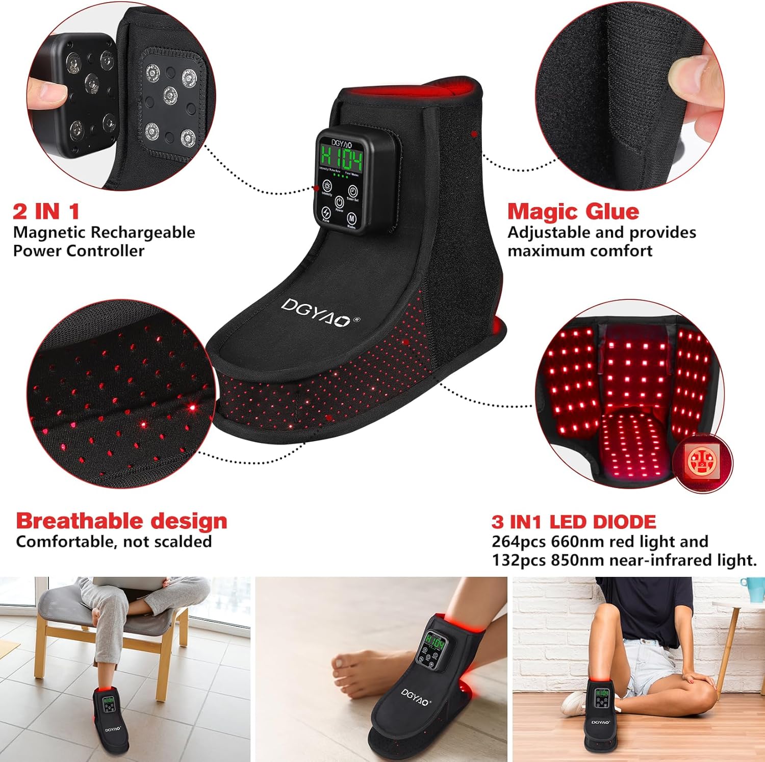 Red Light Therapy Wrap for Feet, Infrared Light Therapy for Ankle, 6000mAh Battery Portable Adjustable Cordless Red Light Pad for Foot Joint Muscle Comfort, 660nm & 850nm - Image 4
