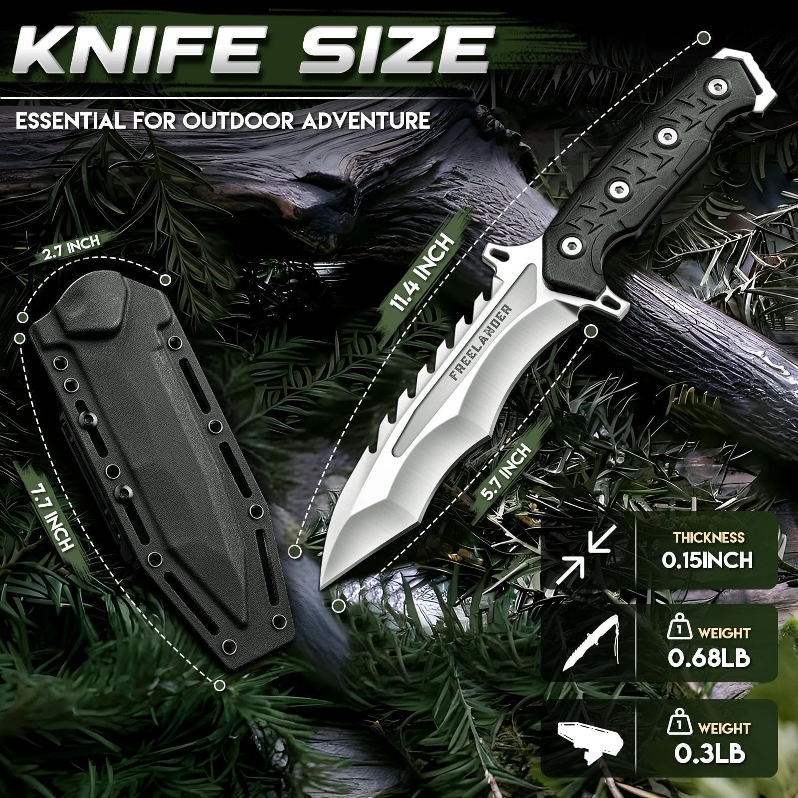 Freelander Outdoor Coltello da Sopravvivenza, Coltello da Lama Fissa in Acciaio D2, Coltelli da Campeggio Bushcraft con Manico G10, Argento