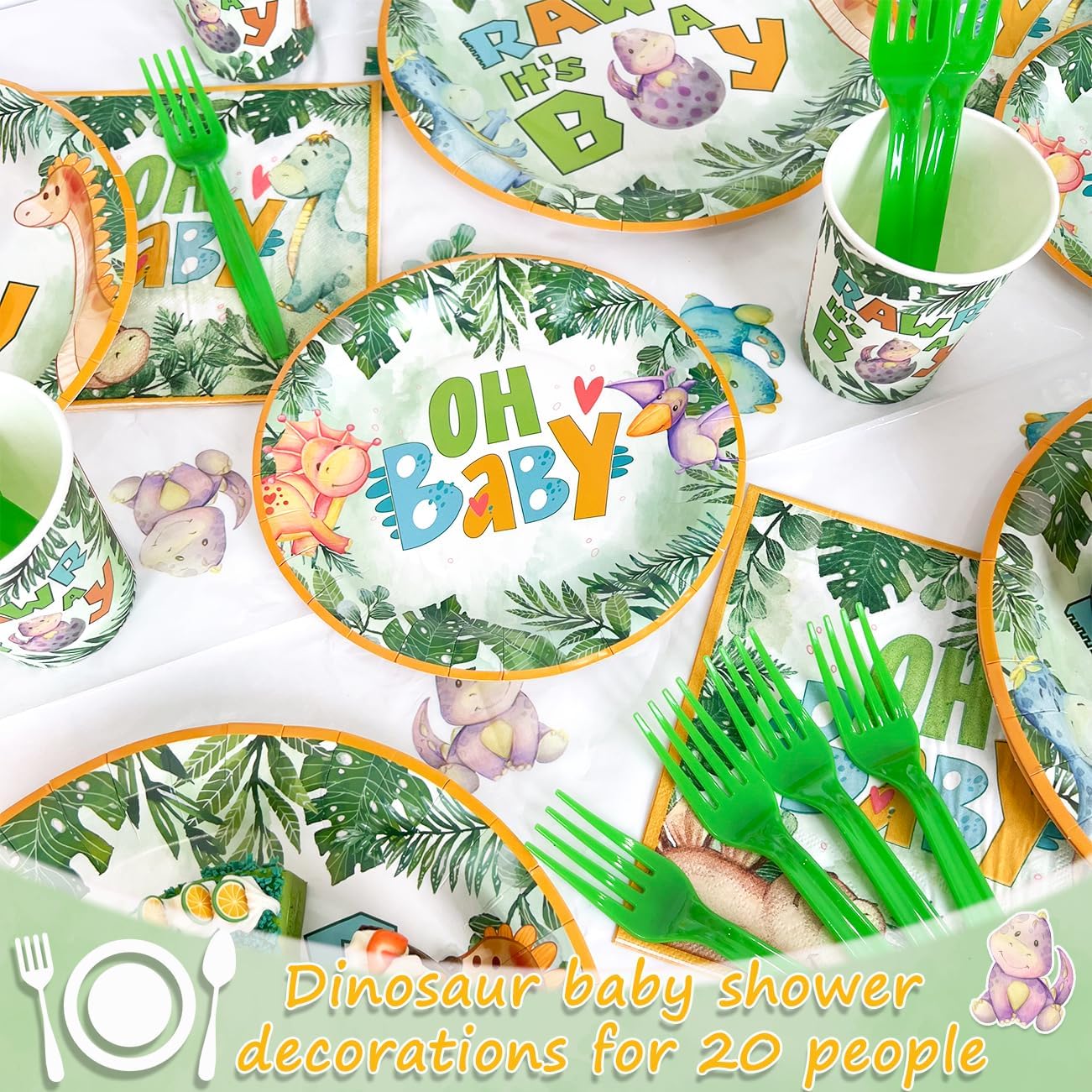 Dinosaur Baby Shower Decorations for Boy, Dinosaur Theme Hatching Soon Baby Boy Shower Decorations Dino Party Supplies Tablecloth, OH Baby Plates, Rawr It's a Boy Napkins, Cups, Balloons| Serve 20