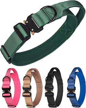 Tactical Dog Collar for Medium Large Dogs, Heavy Duty Dog Collars with Handle, Metal Buckle Dog Training Collar, Thick Military Large Dog Collar for Male. M, Green