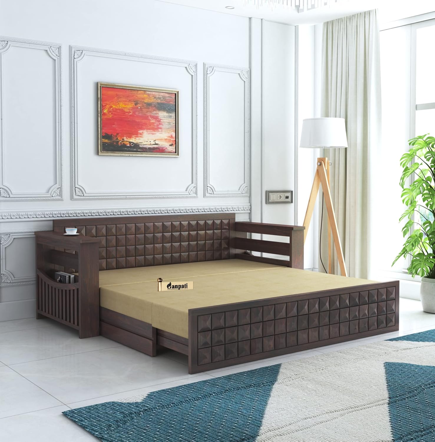 Ganpati Arts Solid Sheesham Wood 3 Seater Diamond Sofa Cum Bed with Storage and Side Pockets Wooden Sofa Bed for Home – (Walnut Finish) Ganpati Arts Solid Sheesham Wood 3 Seater Diamond Sofa Cum Bed with Storage and Side Pockets Wooden Sofa Bed for Home – (Walnut Finish)