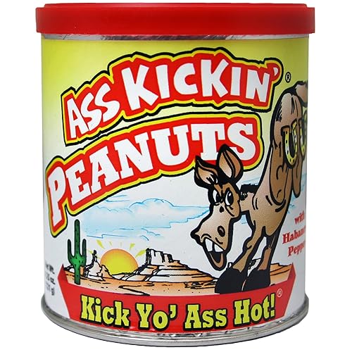 ASS KICKIN' Cacahuetes picantes con pimienta habanero  4.25 oz  Desafío de comida picante y maní gourmet picante  Pruébalo si te atreves