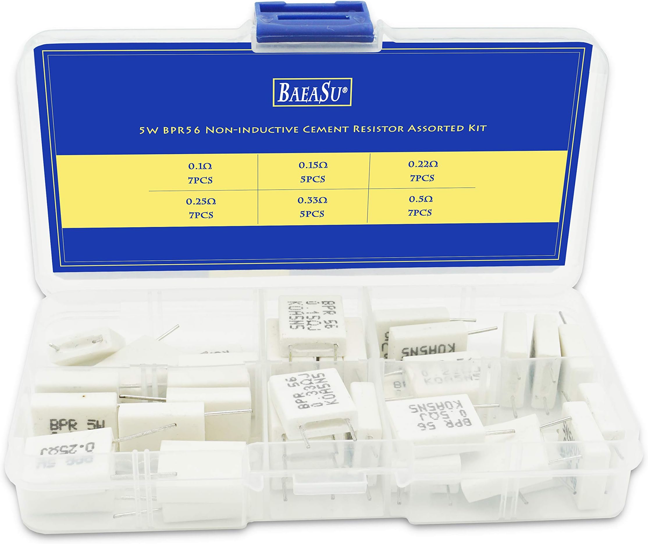 5W 6 Values 38Pcs BPR56 0.1R 0.15R 0.22R 0.25R 0.33R 0.5R Ohm Non-inductive White 2Pins Square Non-Inductive Cement Resistor Ceramic Resistor Assorted Kit