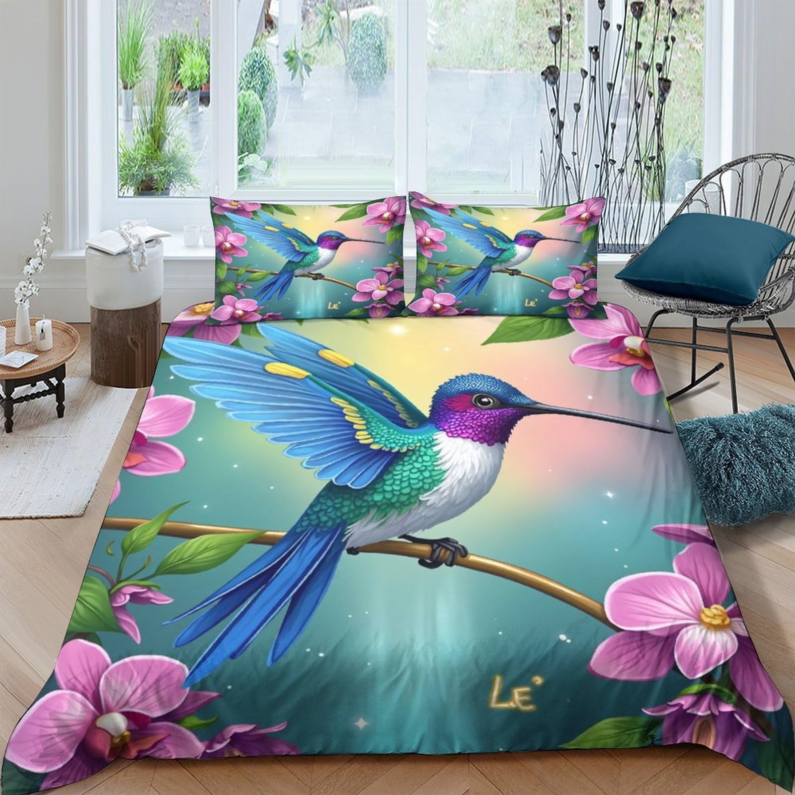 Ctjqhvkz Style-3 3D Printed Hummingbird Blossom Fitted Sheet Microfiber Soft Vibrant Floral Bed Cover Bedroom Decor Single（135X200cm）