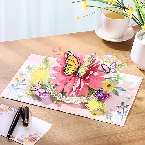Miniatura 2 de Tarjetas de cumpleaños desplegables para mujeres y esposa, hermosas flores y mariposa monarca, elegante, floral 3D, tarjetas de felicitación de