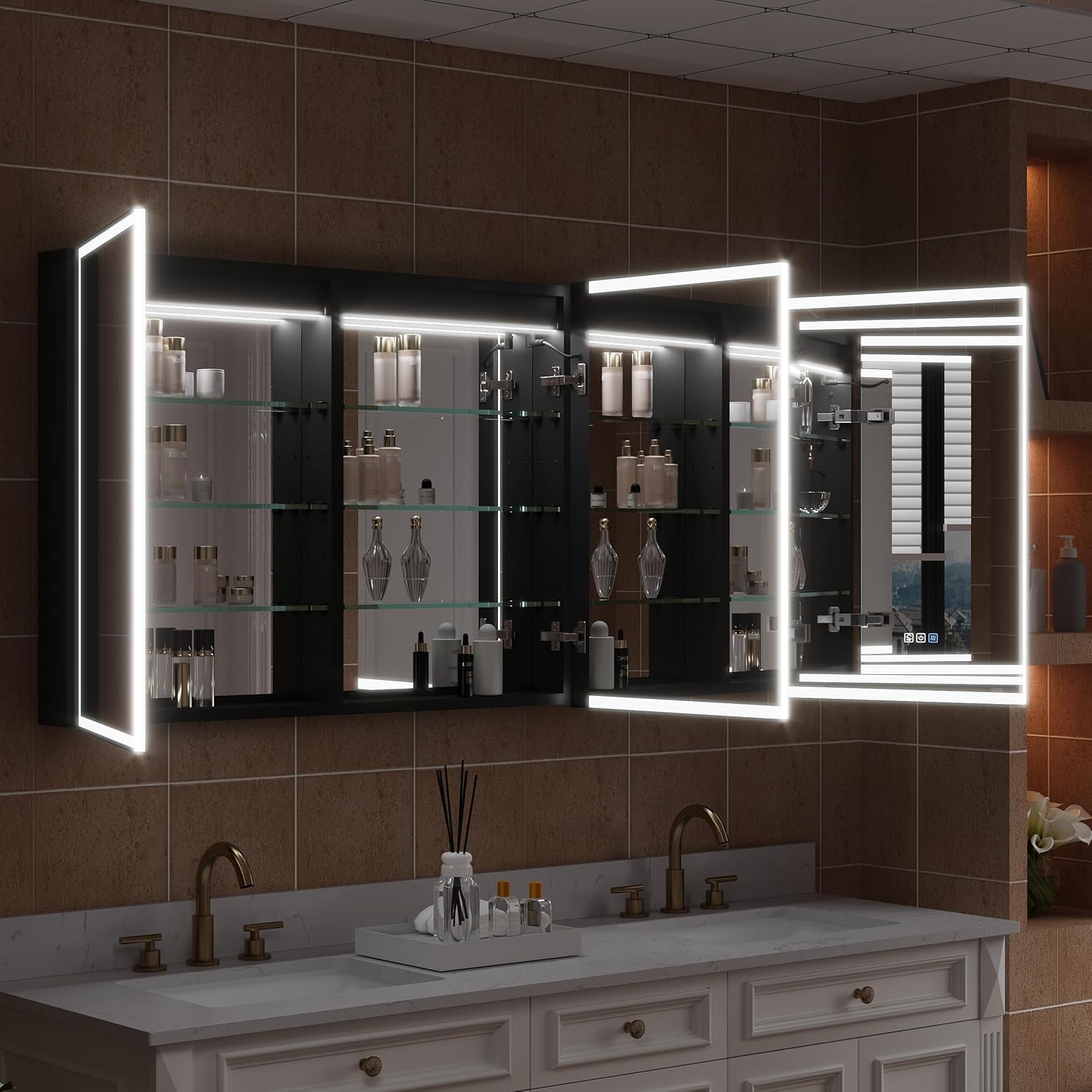 WELLFOR 60" X 30" LED Mirrored Medicine Cabinet, Medicine Cabinets with Lights for Bathroom, Defogging Function Mirror Cabinet, Bathroom Medicine Cabinet with USB Port & Outlet, Three Opening Doors