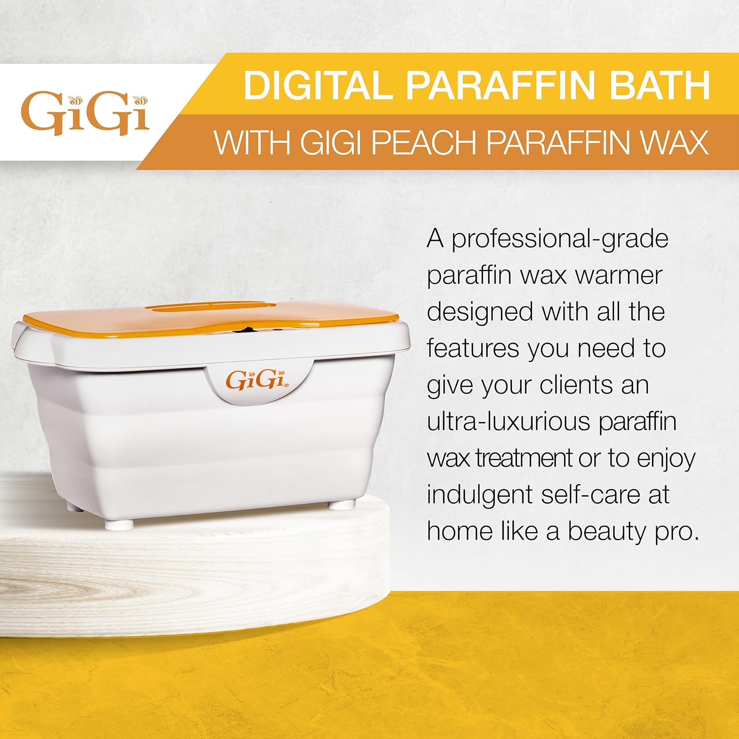 Diagram highlighting features of the GIGI Digital Paraffin Wax Warmer: Thermostatically controlled heating, removable protective cover, quick melt feature, cool-to-touch exterior, and 7-inch professional power cord.
