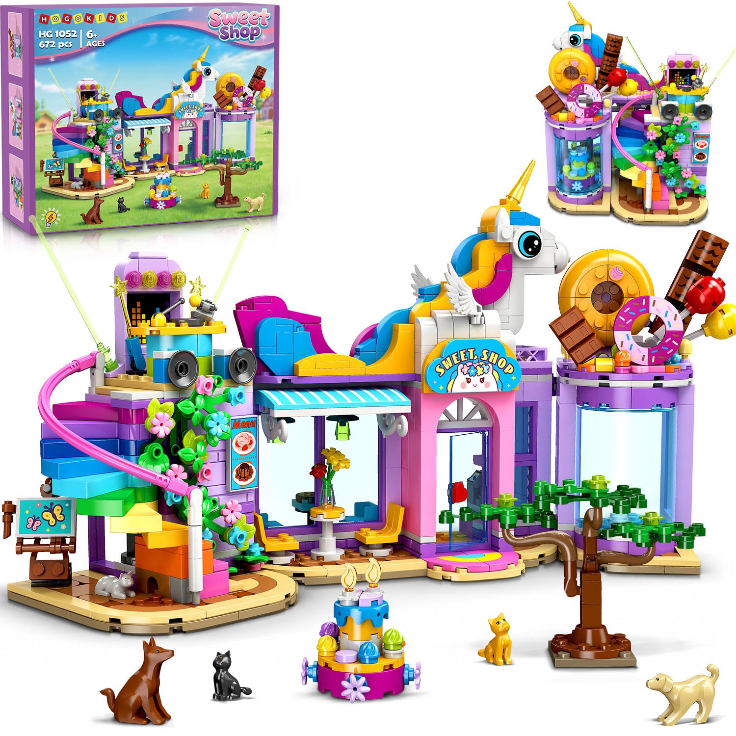 HOGOKIDS Girls Friends Dessert Shop Building Toy, Foldable Playset with LED