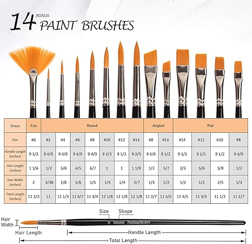 Miniatura 2 de Falling in Art Pinceles de nailon dorado para pintura acrílica, juego de 14 pinceles de pintura de acuarela, pinceles de nailon de mango largo para