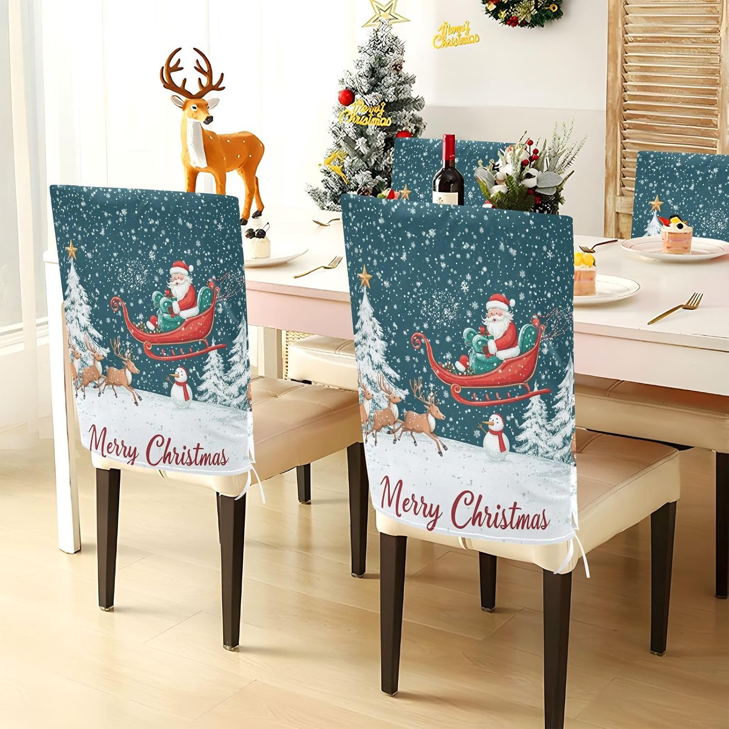 MNSRUU Christmas Chair Back Cover for Dining Room,Santa Claus Chair Slipcovers Set of 6, Snowman Chair Cover for Kitchen Hotel Holiday Party Decor,212