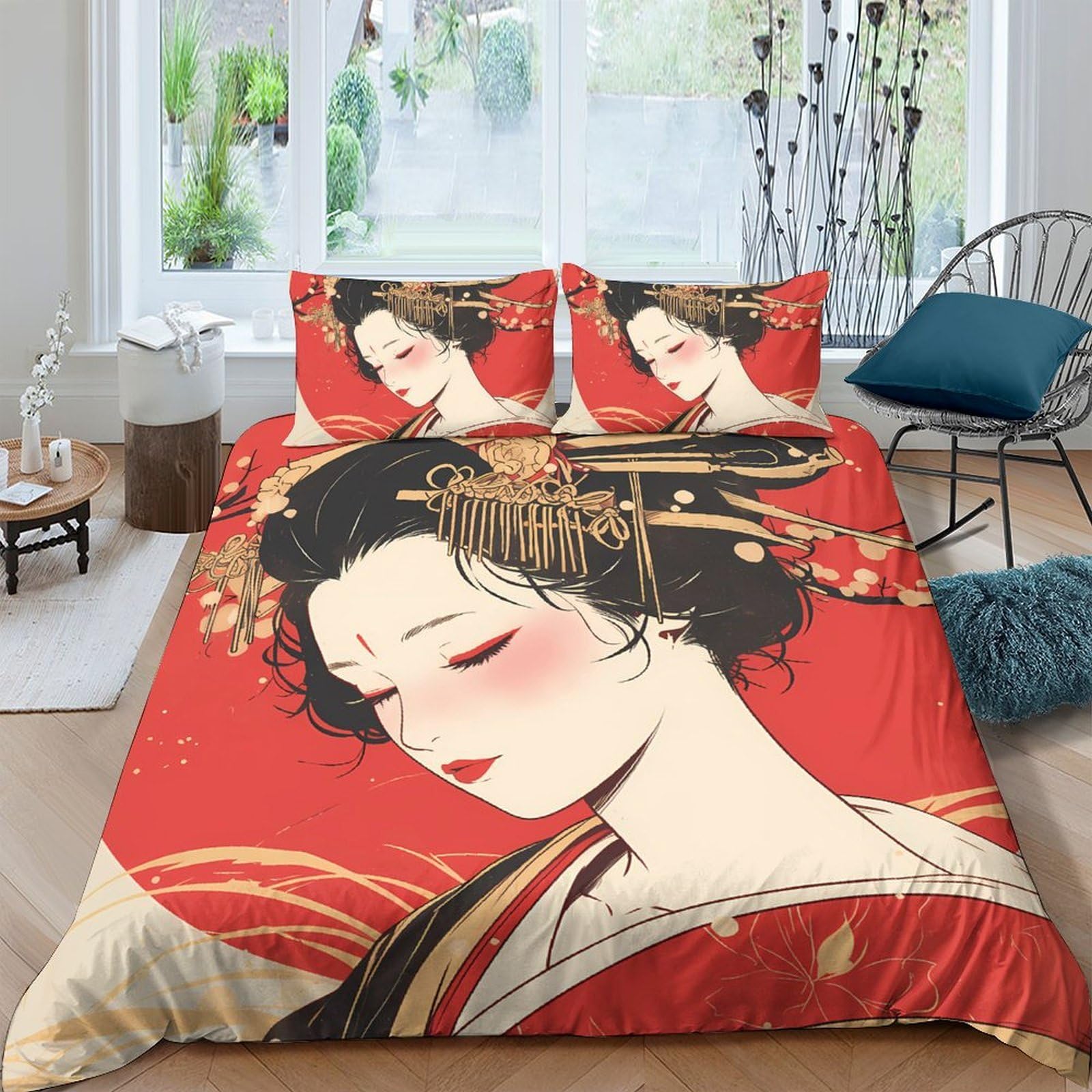 Ctjqhvkz Style-3 3D Printed Red Geisha Art Fitted Sheet Microfiber Soft Breathable Japanese Lady Mattress Cover Bedroom Decor Single（135X200cm）