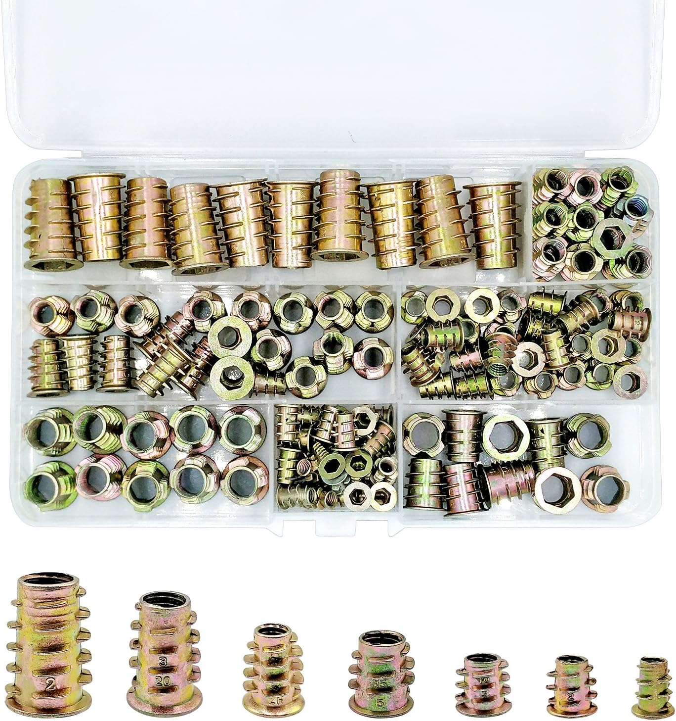 PGMJ 130 Pcs 7 Size M4/M5/M6/M8/M10 Nut Inserts - Zinc Alloy Threaded Inserts for Wood, Hex Socket Drive Metric Bolt Connector