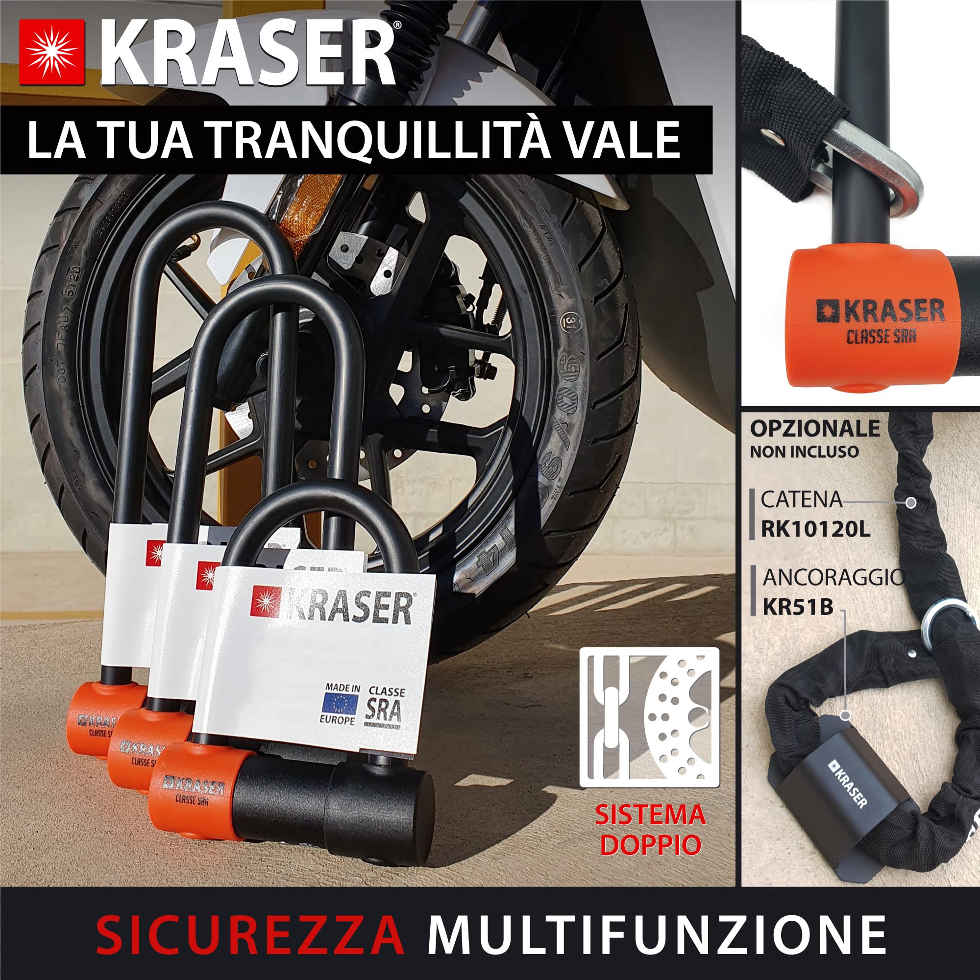 KRASER KR85L Lucchetto a U Blocco Ruota, Alta Sicurezza Testata, Omologato SRA, Arco 85x300mm ø18mm Doppio Chiusura, Serratura Anti-Grimaldello, Antifurto U Lock per Moto, Scooter