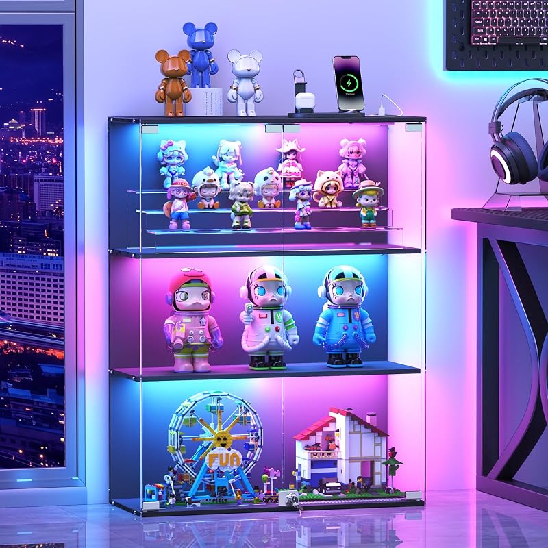 Glass Display Cabinet with RGB LED Lights, Full-View Display, 3-Tier Display Case with Glass Doors for Collectibles, Cabinets with Lock, Human Sensor, Charging Station, Black