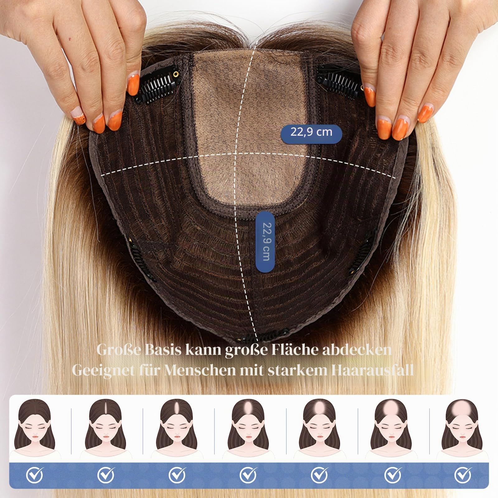 HAIRCUBE 16 Zoll Haarteile für Frauen aus echtem menschlichem Haar, 7 * 8 Zoll große Basis, ohne Pony, Haarteile für Frauen bei Haarausfall oder dünnem Haar (Ombre Hellblond)