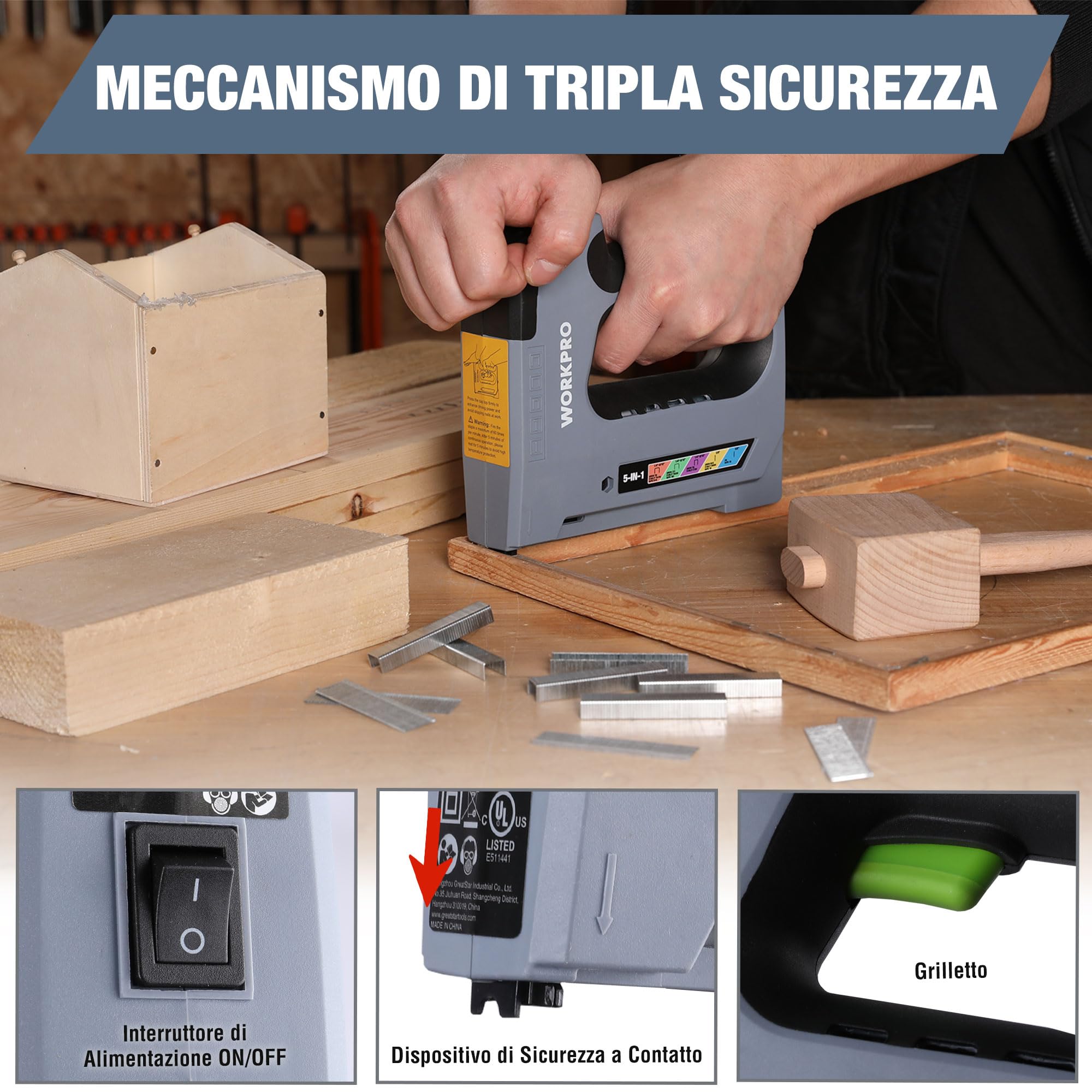 WORKPRO 5-in-1 Graffatrice Elettrica a Batteria 3,6V, Pistola per Graffette con Batteria da 2000mAh per JT21, T50, T20, BN18, PIN, Inclusi 2000 Graffette e Chiodi, Ideale per Decorazioni, Falegnameria