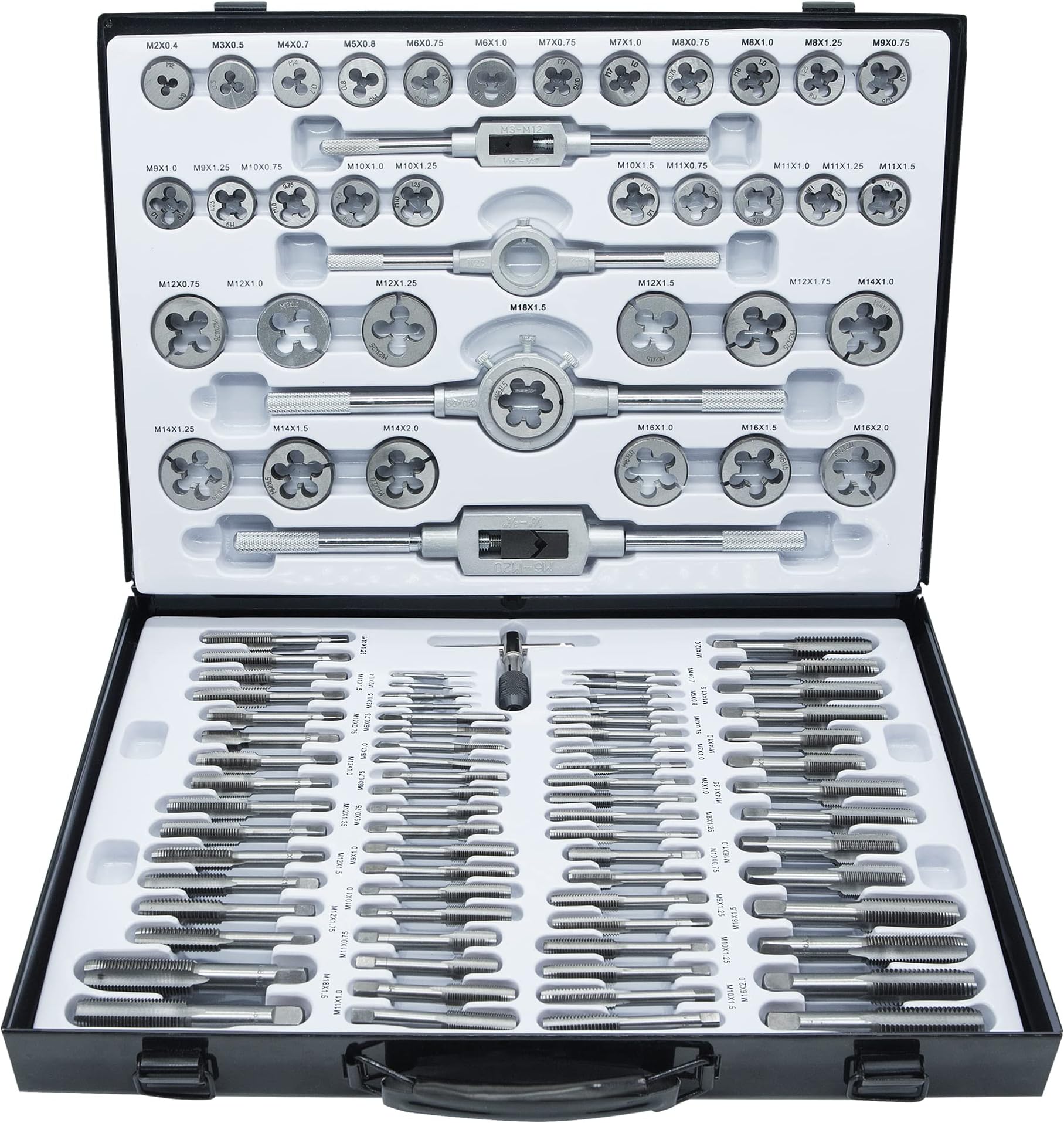 GMTOOLS Tap & Die Set 110 Pcs Metric Size Standard Threading Tool Set M2-M18 with Adjustable Handle, Accessories, Storage Case, Tap & Die Set for Cutting Outer and Inner Threads