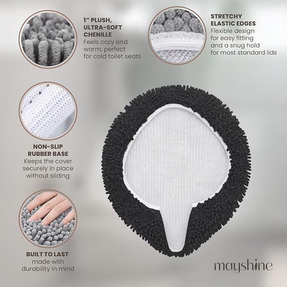 MAYSHINE Toilet Lid Cover - Black, Plush Microfiber Oval Toilet Seat Covers for Bathroom, Machine Washable Elongated Toilet Cover Seat, Stretches up to 21x19