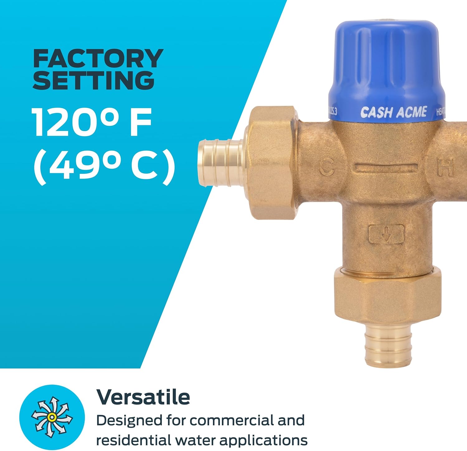 Cash Acme 3/4 Inch HG110 Crimp Thermostatic Mixing Valve with Barb Connections and Integral Checks, Brass Plumbing Fitting, 24507