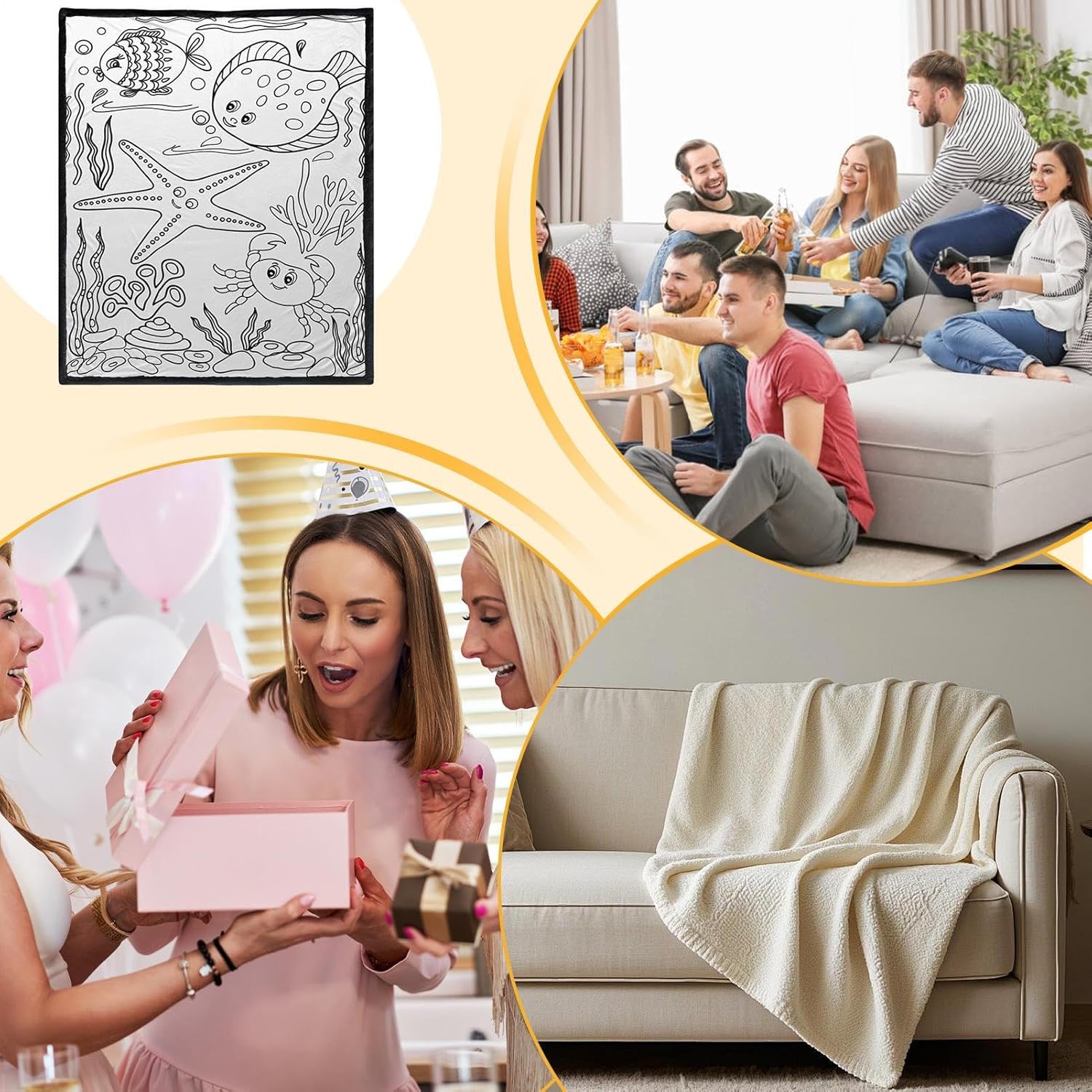 DIY Coloring Quilt, Marine Animal Blanket for Kids Adults Teens, Washable Polyester Fabric Fun Creative Blanket for Couch Bed Room Travel Home Winter Comfortable Soft DIY Quilt