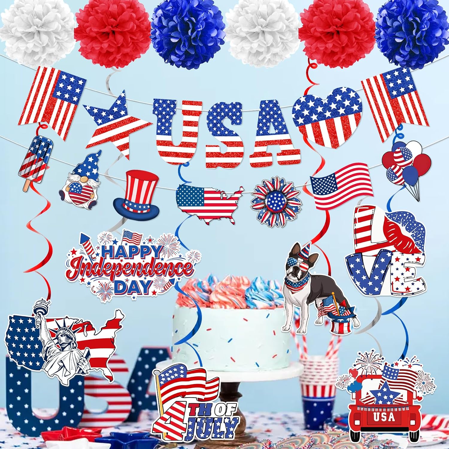 4th of July Decorations: Red White and Blue Decorations July 4 Decorations Include Banner Garland Hanging Swirls Paperflower for 4th of July Decorations Outdoor