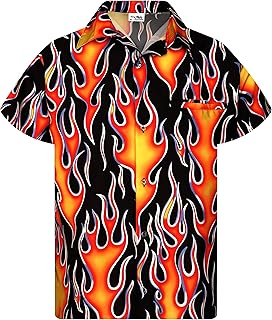 Hawaiian Shirt Men Funky Casual Button Down Shortsleeve Unisex Rock n Roll Party Hot Flames