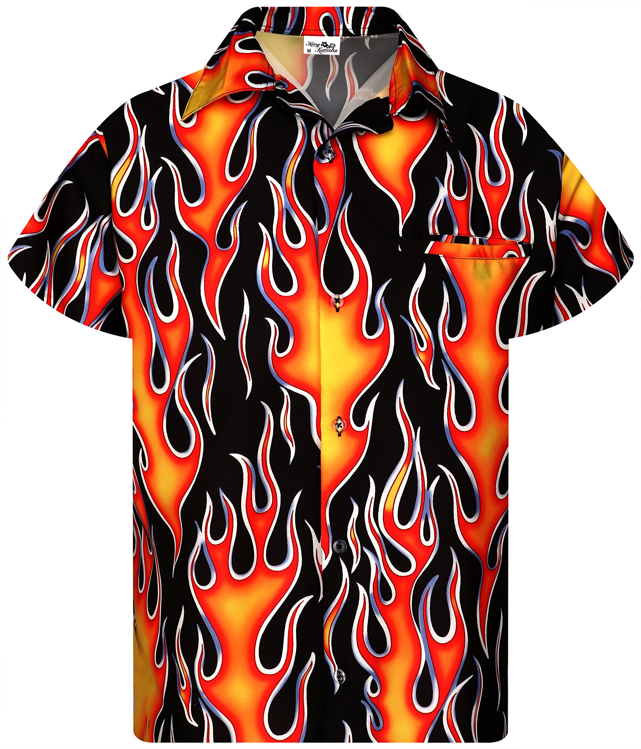 King Kameha Men's Flames-Wild-Design-Orange Funky Hawaiian Shirt, Shortsleeve, Flames Wild, Orange, 3XL