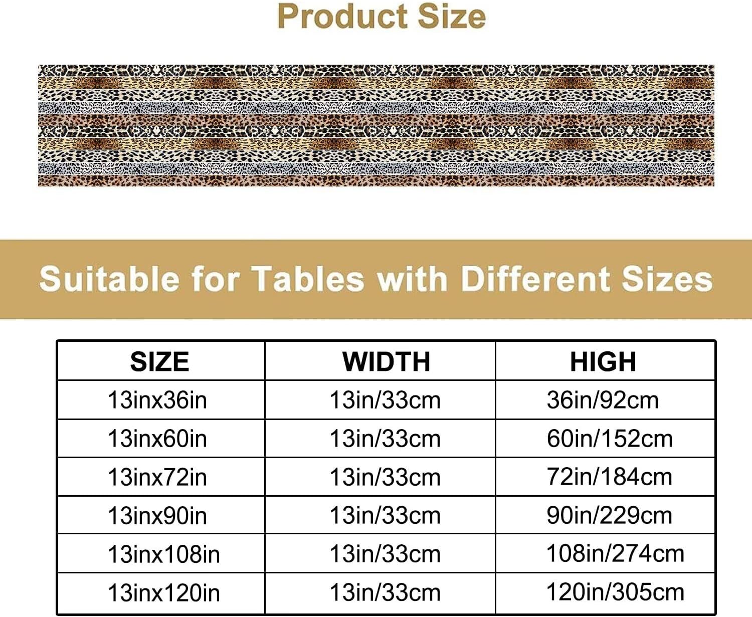 Cowhide Leopard Table Runner Animal Skin Black White Brown Cow Fur Print Western Farm Pattern for Home Kitchen Table Decor Dining Coffee Room Party Decor 13x120inch