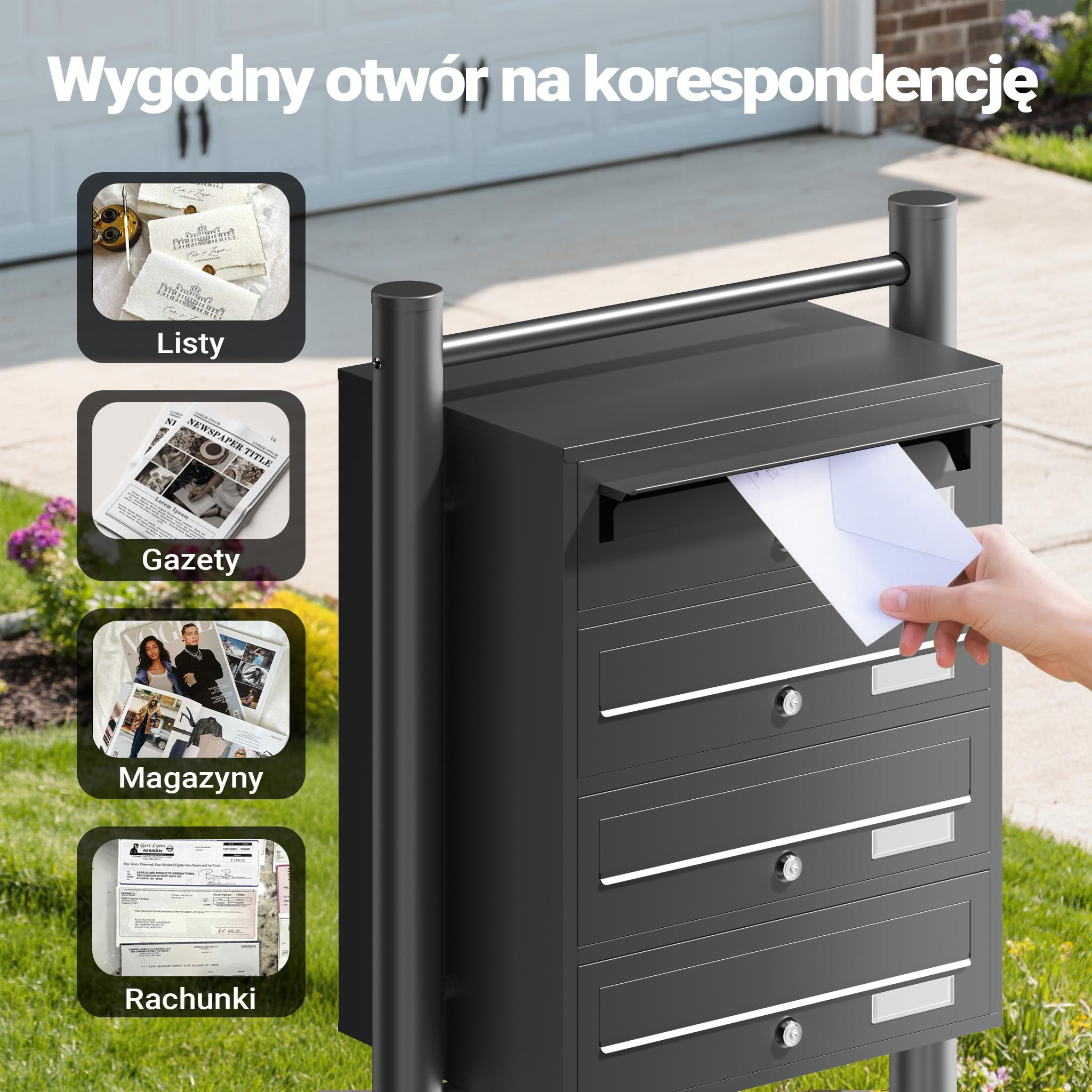 Wiltec Wolnostojąca poczwórna skrzynka na listy czarna, stalowa z 4 skrzynkami pocztowymi zamykana na klucz, stojąca do montażu podłogowego