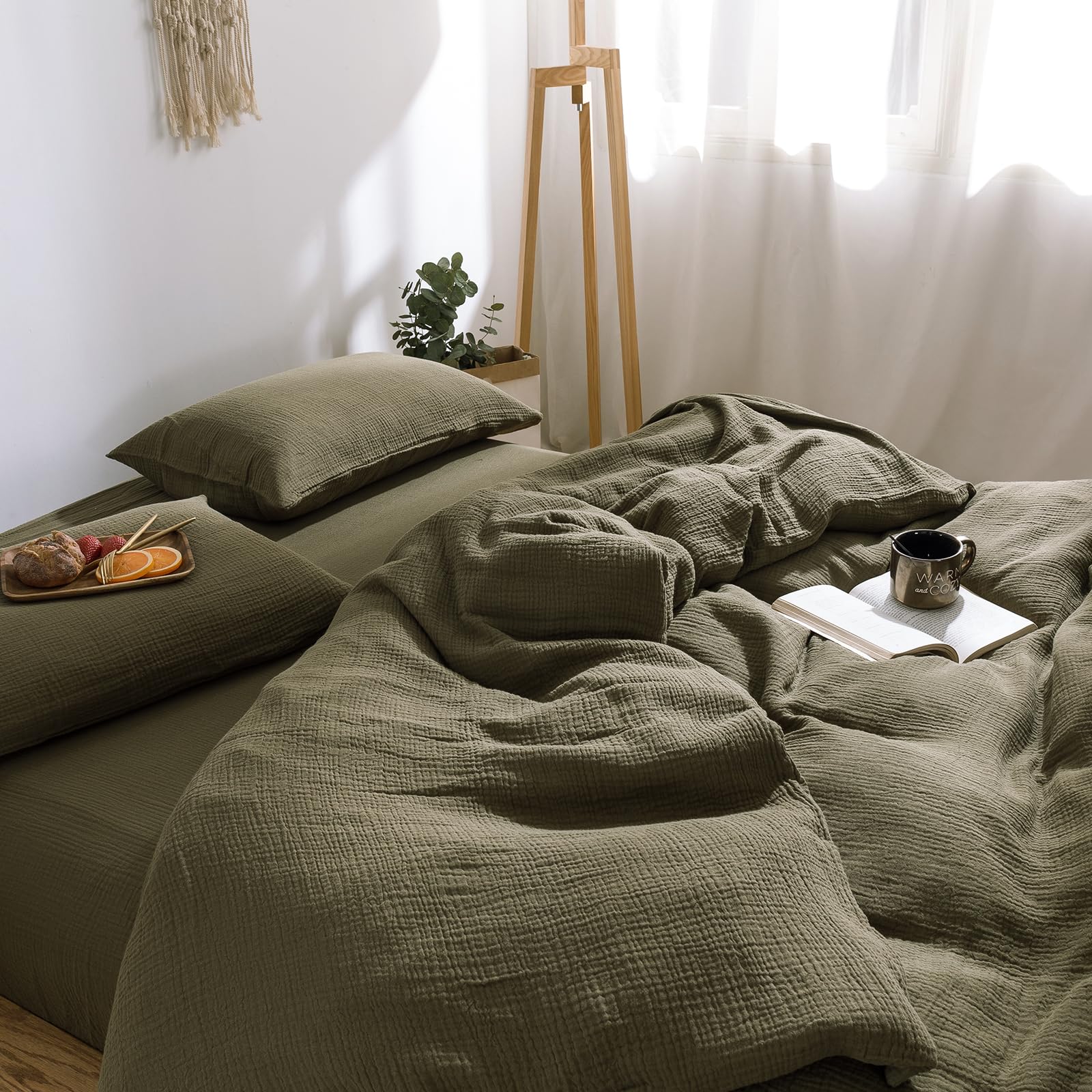 mixinni Olive Green Waffle Weave Duvet Cover Set Queen, 3-Piece 100% Natural Washed Cotton Triple-Layer Gauze Solid Bedding Set, Soft Breathable Minimalist Comforter Cover with Zipper &amp; Ties-Queen