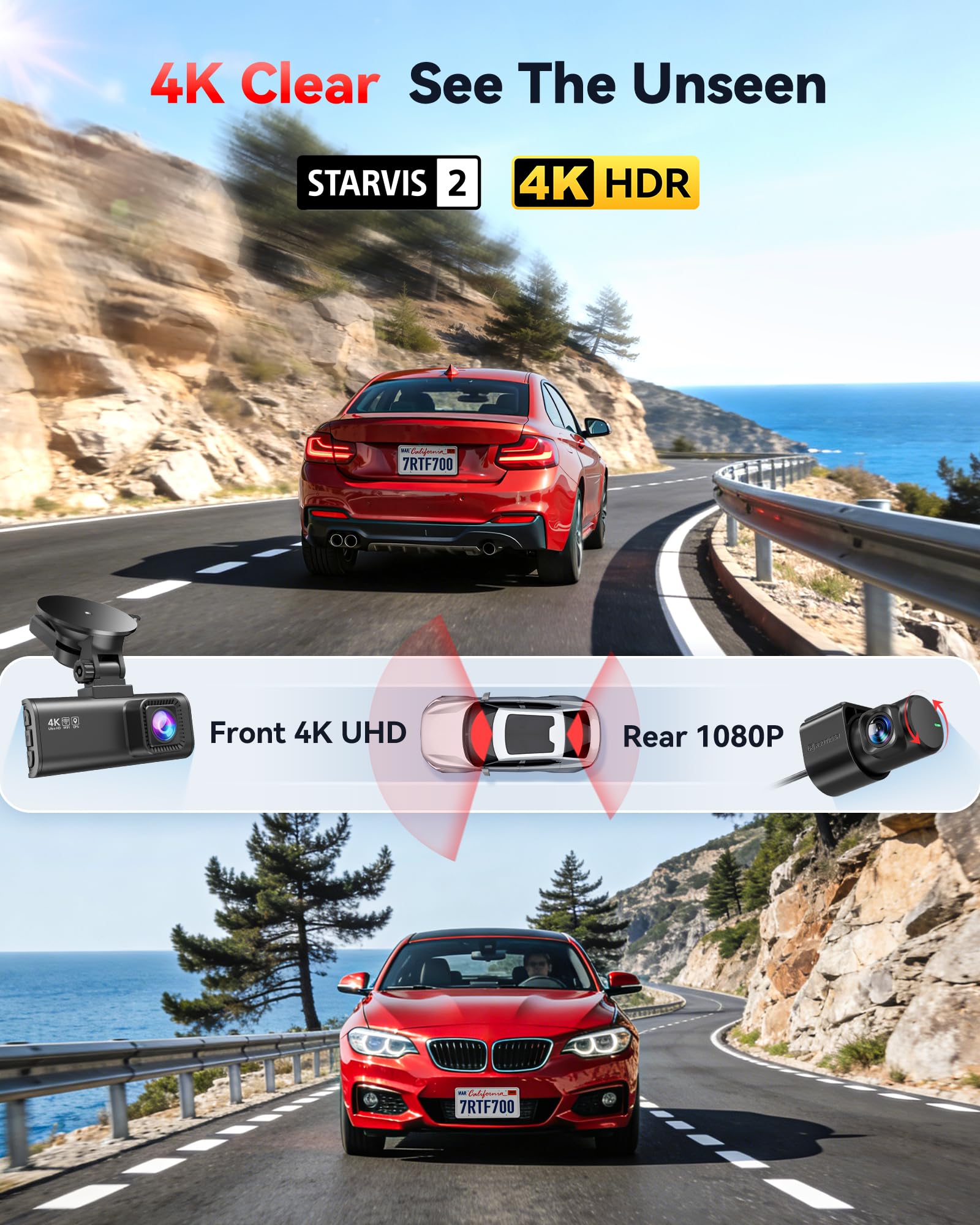 REDTIGER F7NT 4K Dual Channel Dash Cam, STARVIS 2 Sensor, 3.18" Touch Screen, Built-in 5GHz WiFi & GPS, Voice Control, Night View, WDR, Loop Recording, Parking Mode, 128GB Card Included