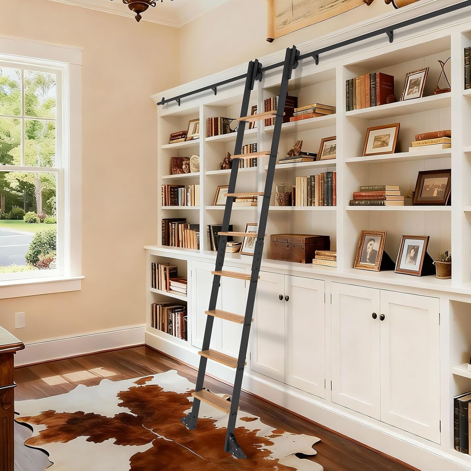 108inch Carbon Steel Ladder with Oak Steps, Includes 4ft Telescoping Top Rollers & Bottom Brake Wheels Sliding Hardware, Rolling Library Ladder for Loft, Attic, Bookshelf