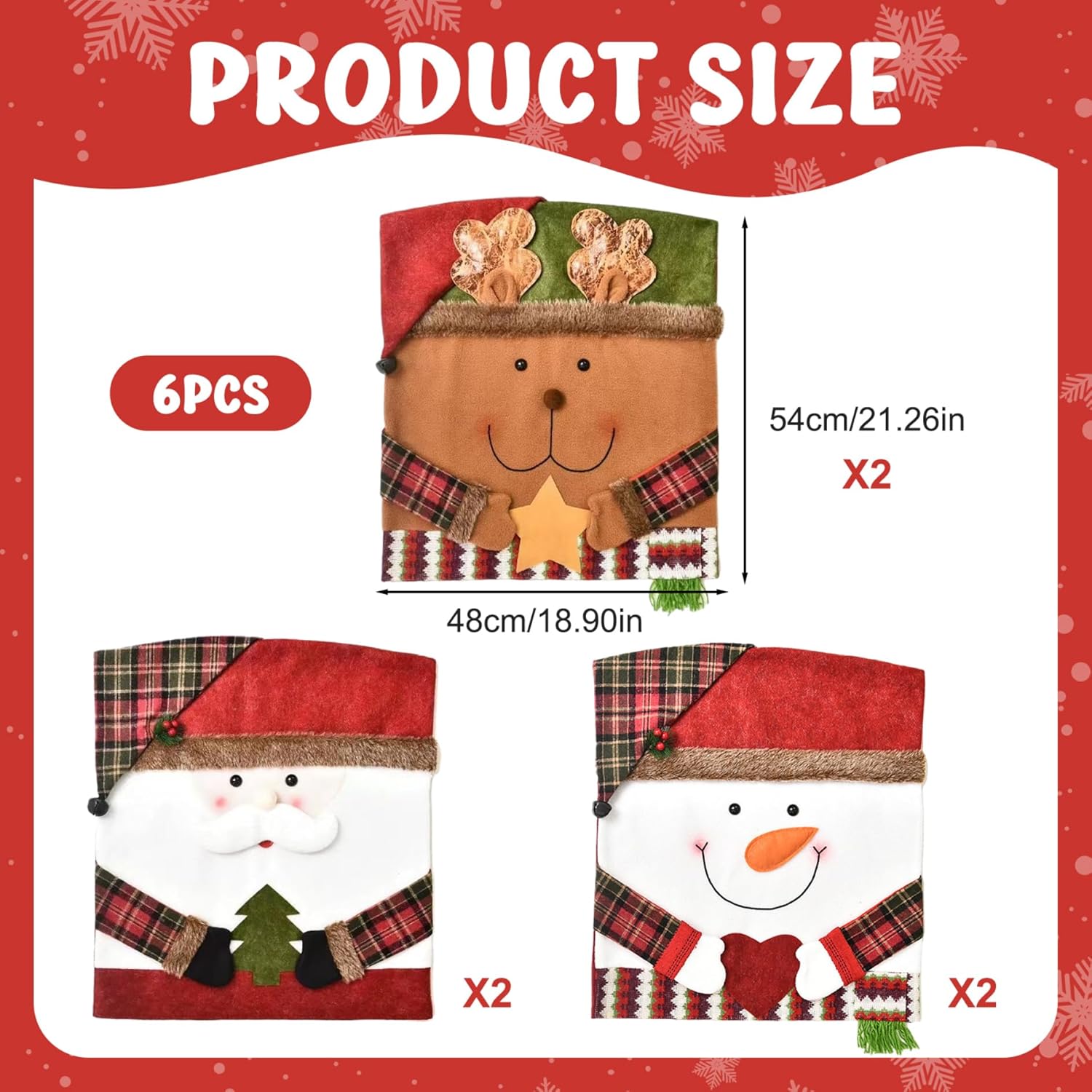 6Pcs Christmas Chair Back Covers 19x21 Santa Snowman Reindeer Chairs Covers Soft & Comfortable Christmas Chair for Kitchen Hotel Holiday Party Decor, Xmas Decor