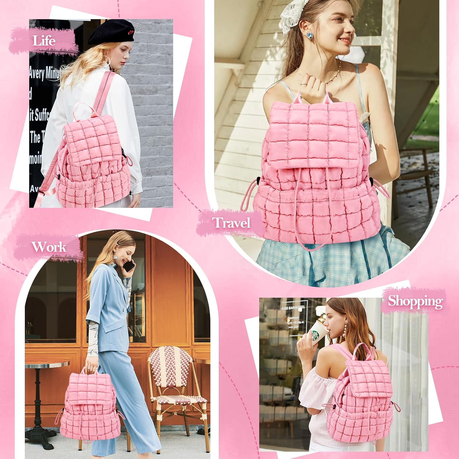 Quilted Puffer Backpack for Women Lightweight Soft Puffy Backpack Purse Casual Daily Drawstring Flap Daypack (Pink) - Image 7
