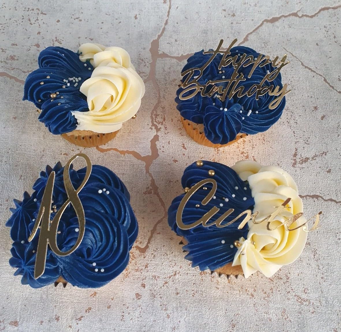 6 Personalised Happy Birthday Cupcake Toppers, Age and Name, Gold Mirror Card, 3.5x6 cm