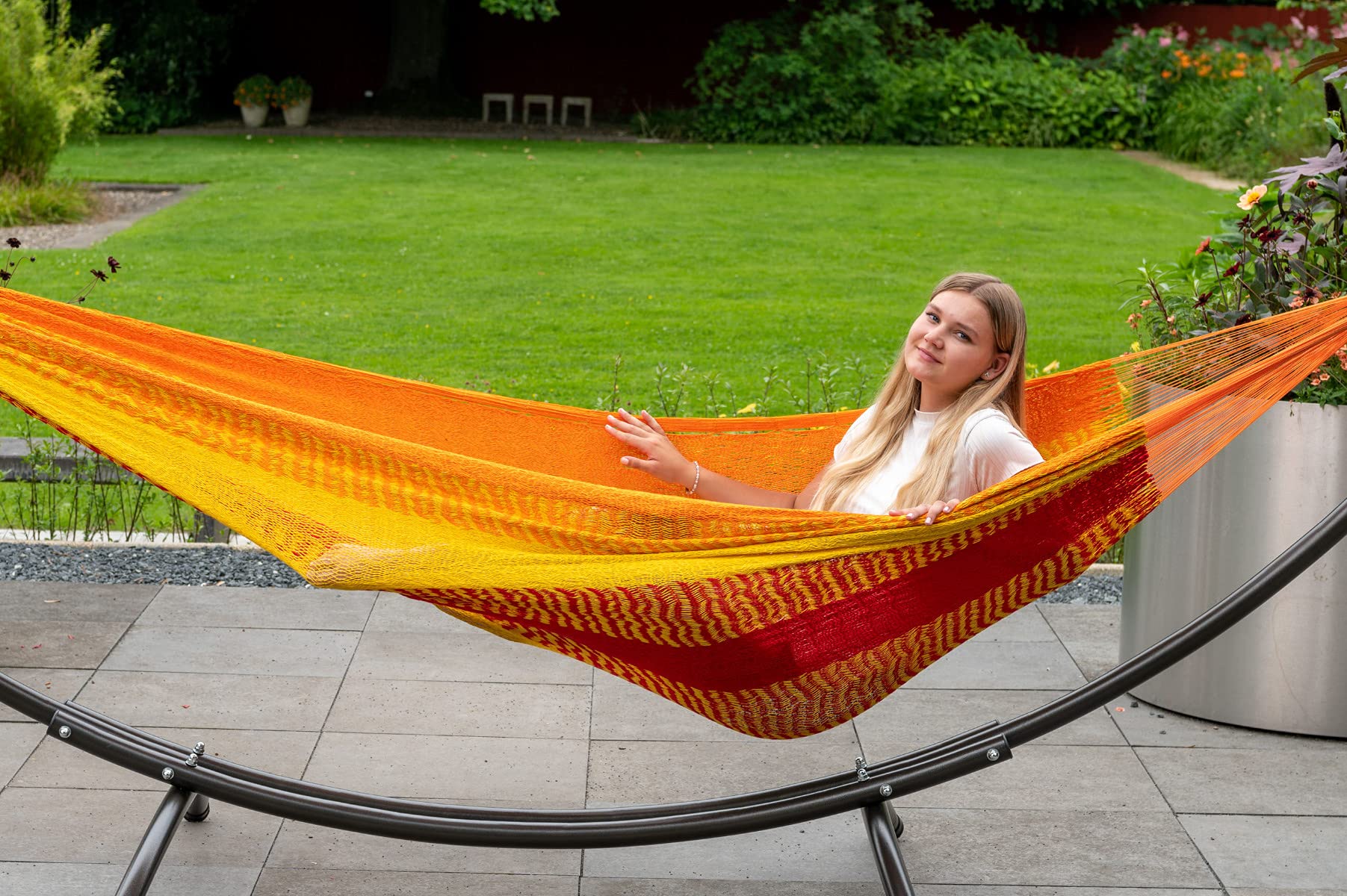 Tropilex Hamac de Jardin Exterieur 2 Personnes | Hamac Double Randonnée Capacité 180 kg | Colombien Fabriqué à la Main | Style Détente Mexico Jaune Orange 350 cm