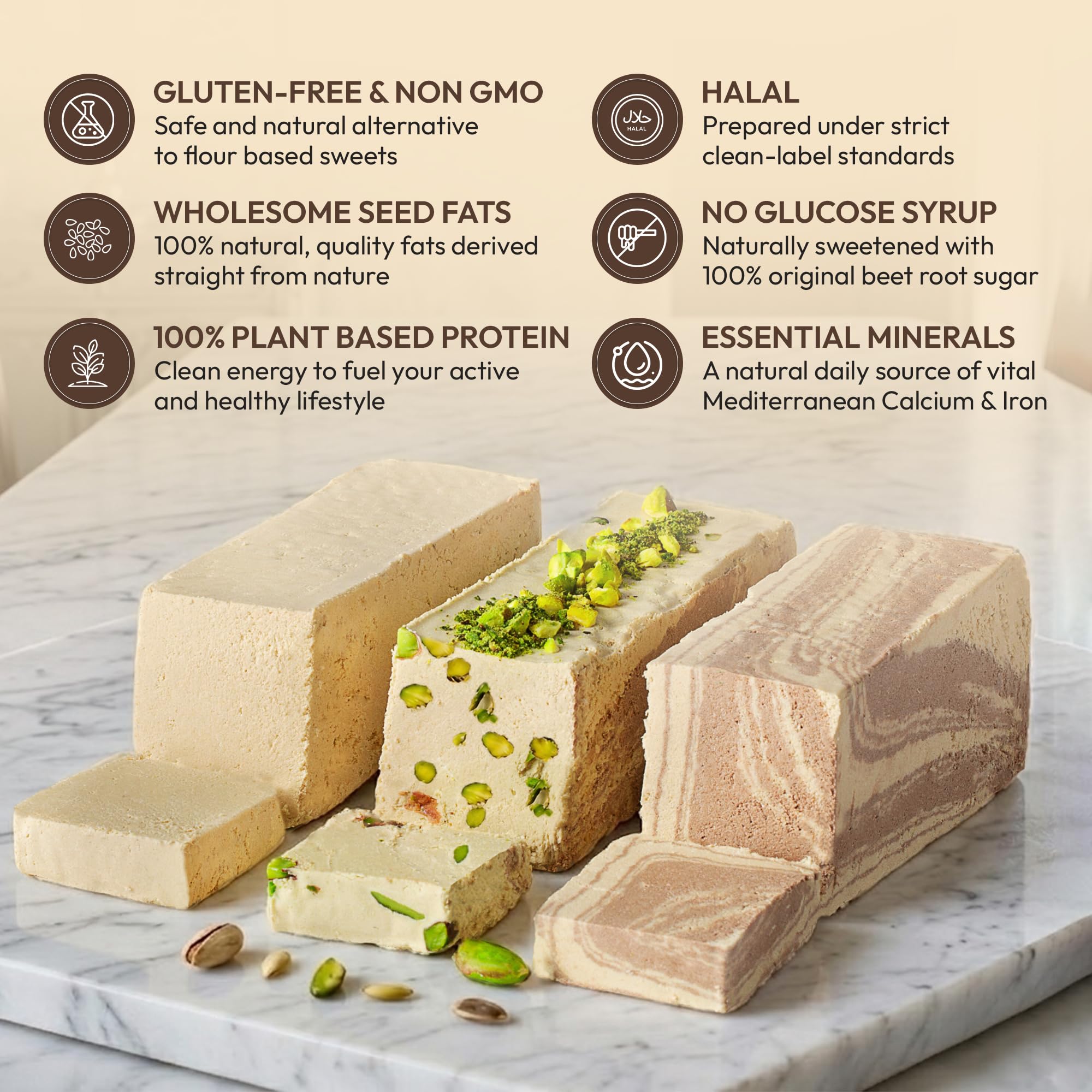 Mughe Gourmet Assortimento di Halva 850g elegante scatola regalo di latta - 3 Barrette di Tahini Halva al Sesamo Marmorizzato Pistacchio, Cacao, Vaniglia - dolce vegano - Ideale per occasioni speciali