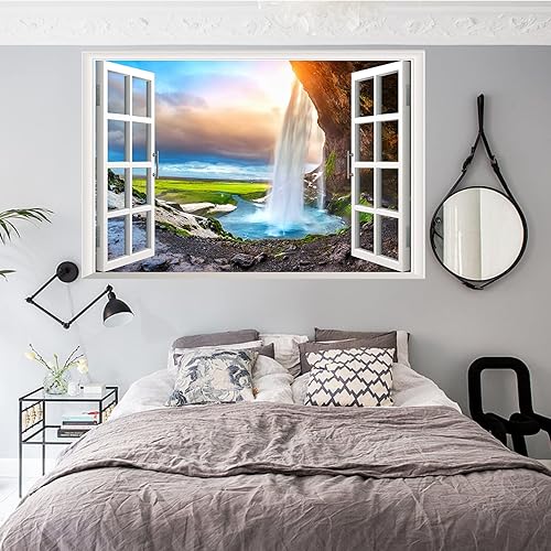 Miniatura 4 de Calcomanías de pared falsas 3D de cascada de bosque, mural de montaña natural, calcomanías de pared para sala de estar, dormitorio, comedor,
