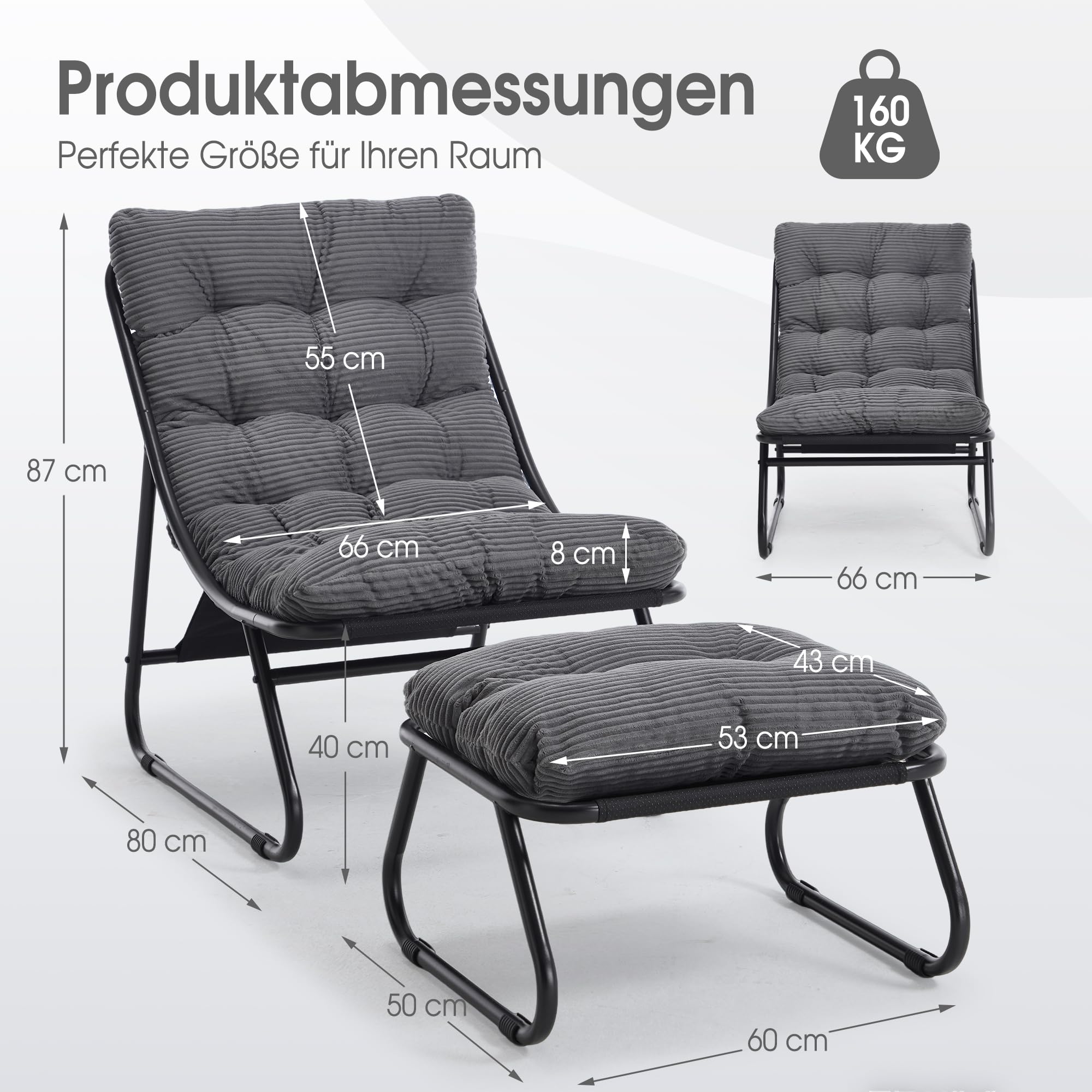 Ohrensessel mit Hocker, Bequemer Lesestuhl, Ergonomischer Lounge-Stuhl für Wohnzimmer, Schlafzimmer oder Büro auch für Terrasse, Balkon, Garten, Indoor & Outdoor, Marineblau, Dunkelgrau