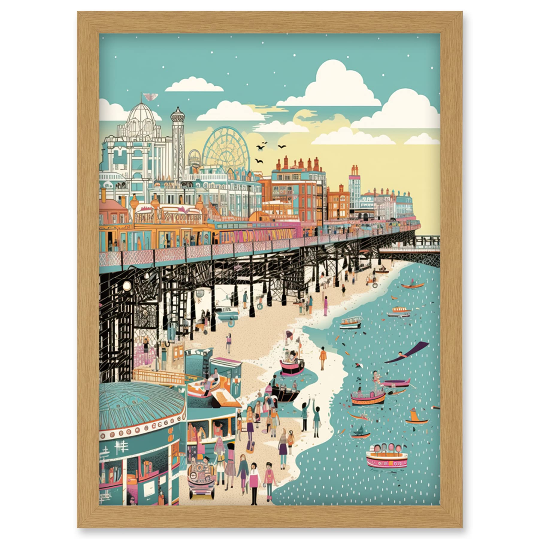 Artery8 Framed Wall Art Print A4 - Brighton Beach Pier and Sandy Summer Scene - Light Oak Frame
