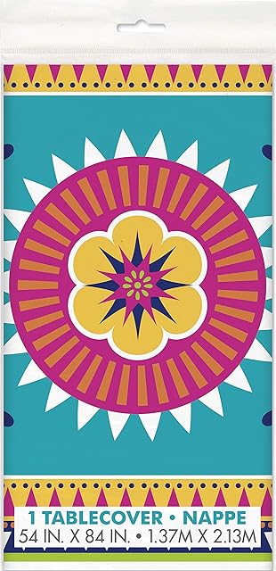 Unique 73443 Rectangular Plastic Table Cover | Boho Fiesta Theme | 54"x84", Gometrica, Nylon/A, 7ft x 4.5ft