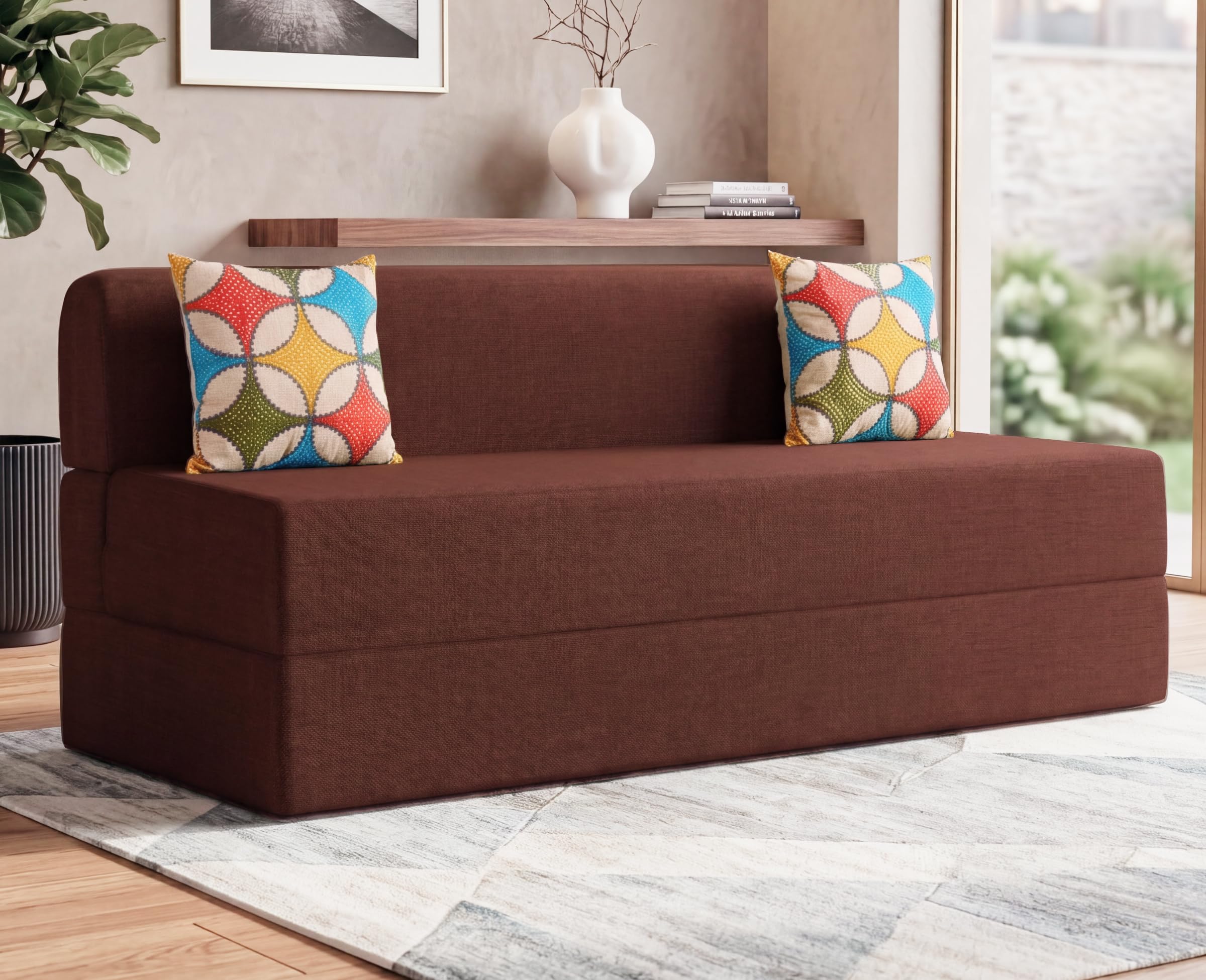 uberlyfe 3 Seater Sofa Cum Bed | 1 Year Warranty | Queen Mattress, Foldable Sofacum Bed | 15" Sofa Height | 2 Cushions Jharokha Pattern |Jute Finish Fabric, Malt Brown | 6' X 6' Feet discount deal