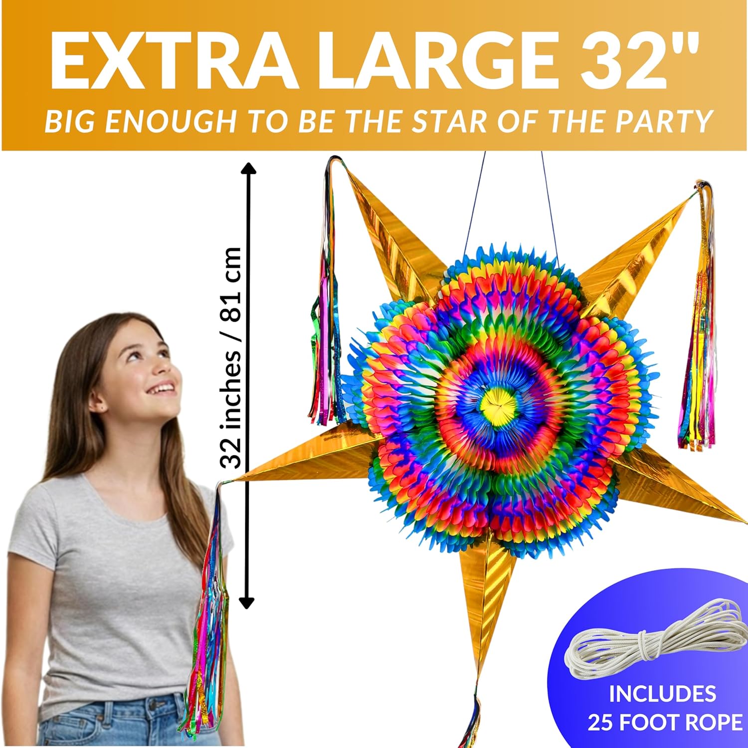 Mexican Pinata – Large 32” Party Piñata with 25-ft Rope Included – Extra Large Gold Birthday & Cinco de Mayo Piñata – TexMex Fun Stuff