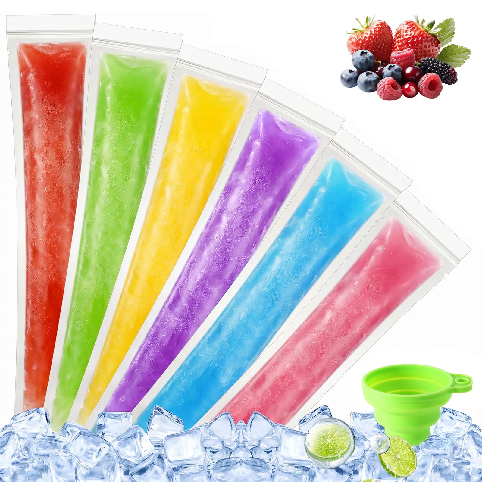 Wassereis Tüten, 200 PCS Wassereis Formen, Eis Am Stiel Taschen mit Grünem Trichter (28 x 5.5 Cm), zum Selbermachen von Eis am Stiel, Joghurt, Fruchtsaft und Slushies