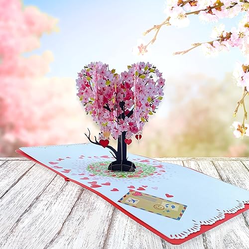 Miniatura 5 de CUTE POPUP - Tarjeta desplegable con diseño de pájaros y corazones de cerezo, tarjetas desplegables de San Valentín, tarjetas desplegables de feliz