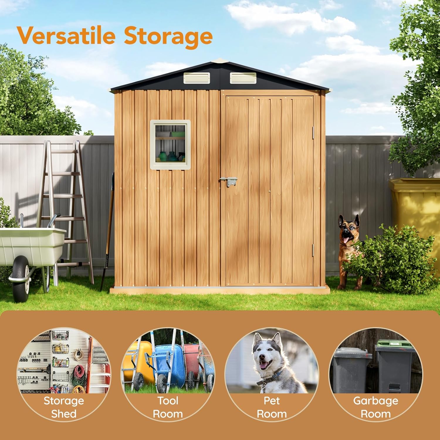 Panovue 6X4FT Garden Storage Shed with Frame Floor & Lockable Door,Steel Tool Shed with 1 Clear Window, Anti-Corrosion Metal Shed for Backyard Patio Lawn (Light Wood Grain)