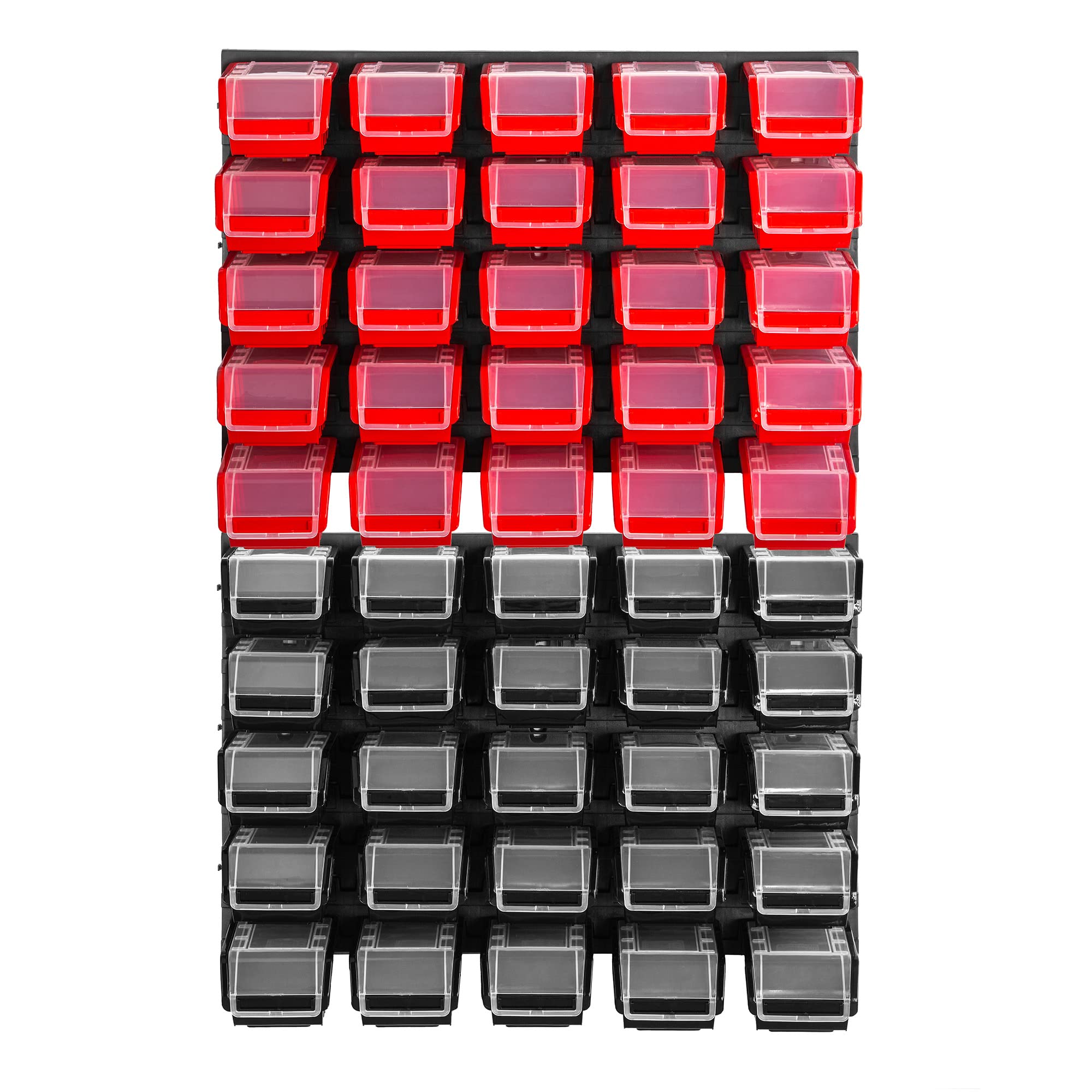 KADAX Estantería de pared para taller, 58 x 78 cm, sistema de almacenamiento de plástico resistente, resistente a los rayos UV, paneles de pared ampliables, estantería (negro y rojo, 50 piezas)