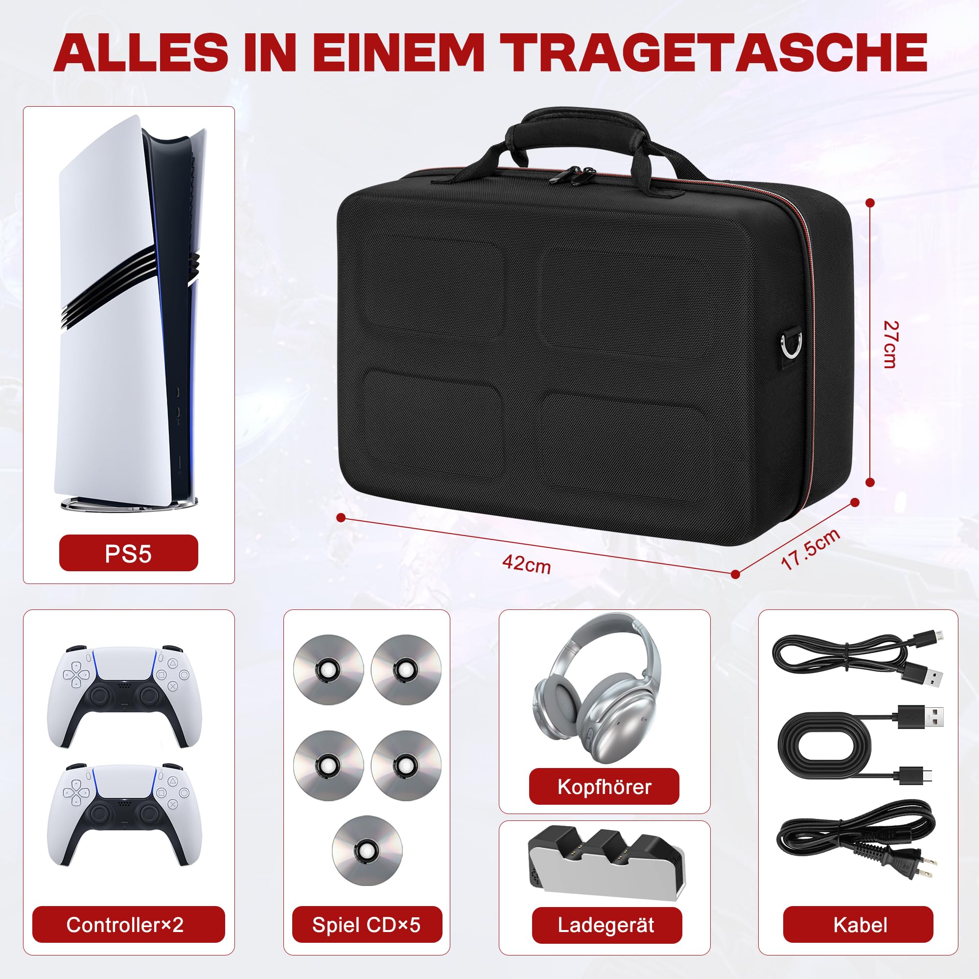 OUUTMEE Custodia da trasporto Applicabile a Play station 5, compatibile con PS5/PS Slim/PS5 Pro, borsa protettiva con tracolla per console Disc/Digital Edition, schede di gioco, HDMI