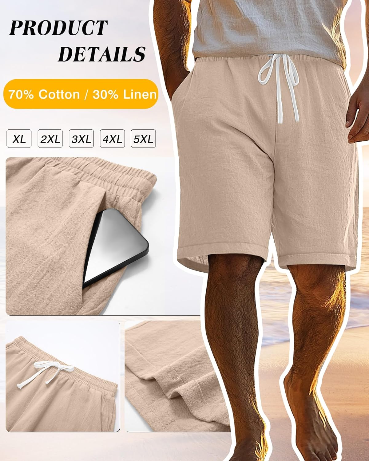 Ficerd 2 Pack Men's Big and Tall Linen Shorts Casual Elastic Waist Cotton Blend Drawstring Summer Beach Shorts with Pockets - Image 6