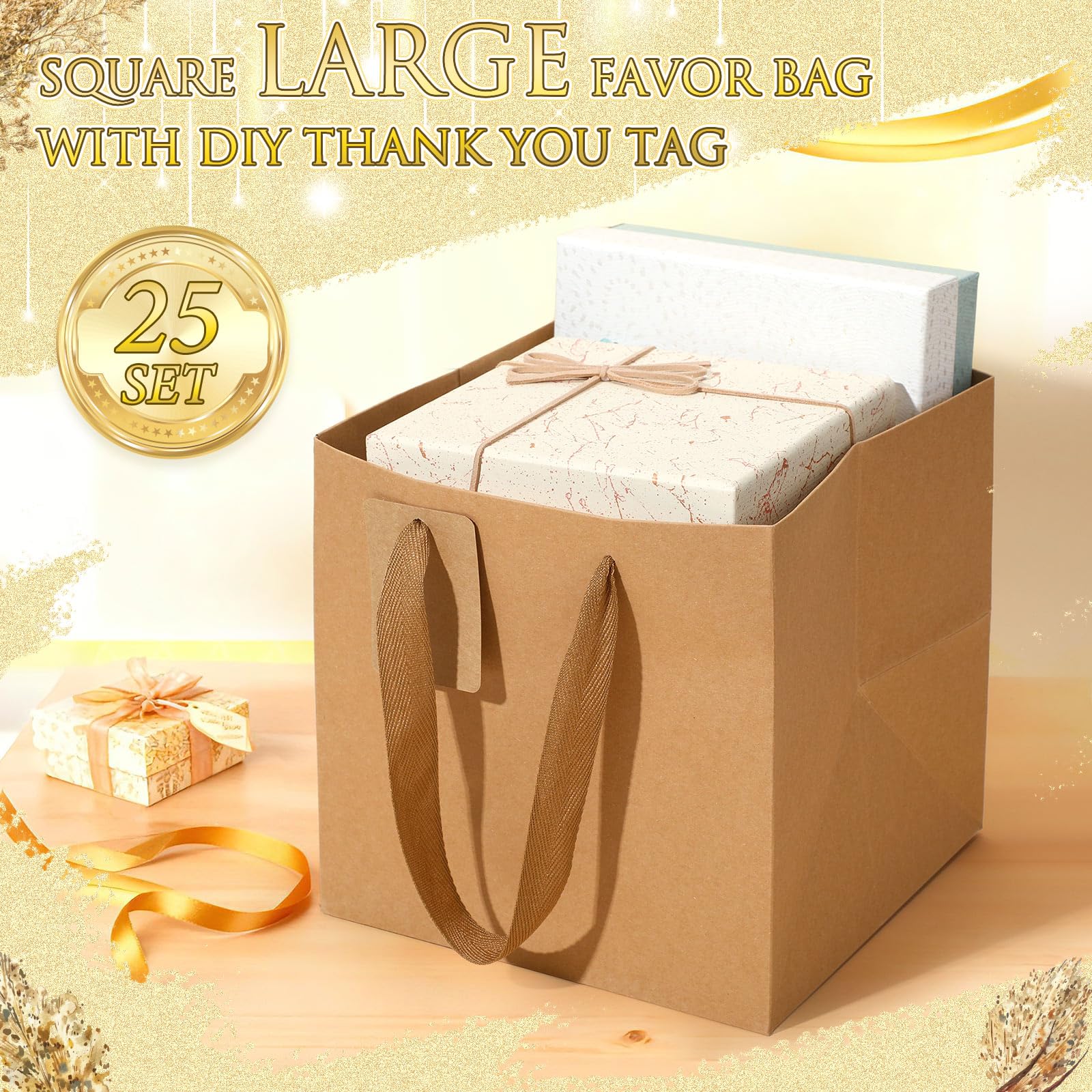Windyun 25 bolsas de regalo cuadradas de papel con asa de 8 x 8 x 8 pulgadas, bolsa pequeña con etiqueta de agradecimiento para el día de San Valentín, cumpleaños, boda, despedida de soltera, dama de